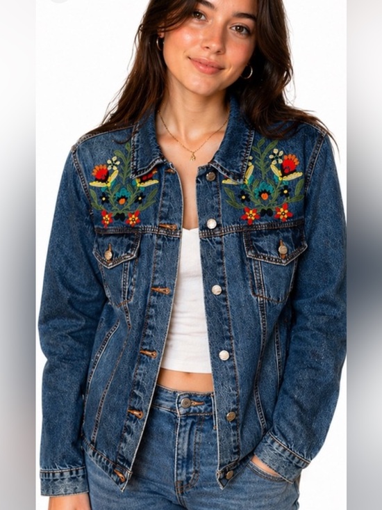 Boutique Jackets & Blazers - 2765.New Embroidered Paris  Collection Floral Denim Jacket in Dark Blue